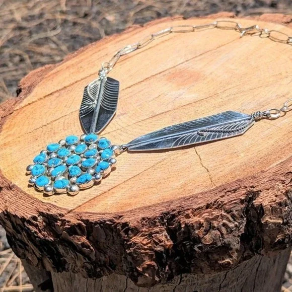 Native American Chain Necklace Handmade Cluster Turquoise 2 Large Leaves*** - Picture 5 of 11